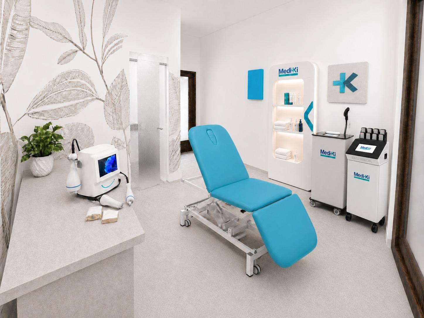 Vista reale della cabina Mediki con lettino, espositore e tecnologie professionali