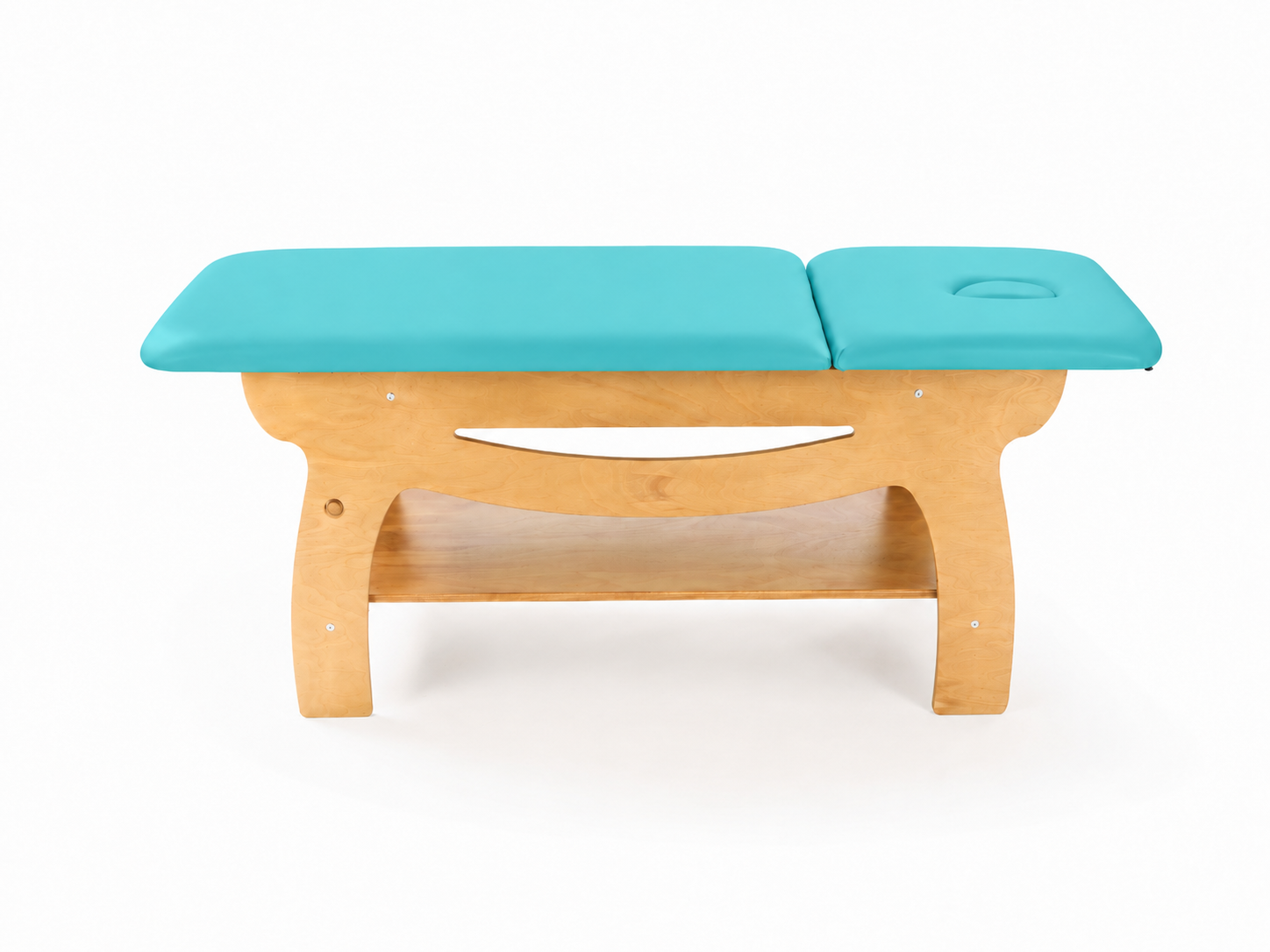 Lettino con imbottitura turchese e gamba in legno chiaro del Concept Cabina Mediki