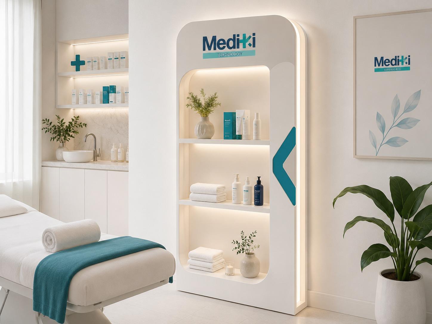 Espositore retroilluminato Mediki con prodotti di cosmetica professionale nella cabina