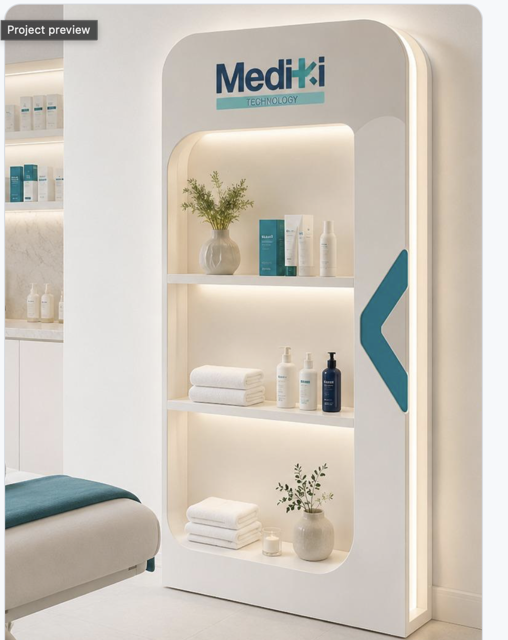 Espositore Concept Cabina Mediki: mobile bianco retroilluminato con logo, prodotti di cosmetica professionale, asciugamani e dettagli d'arredo
