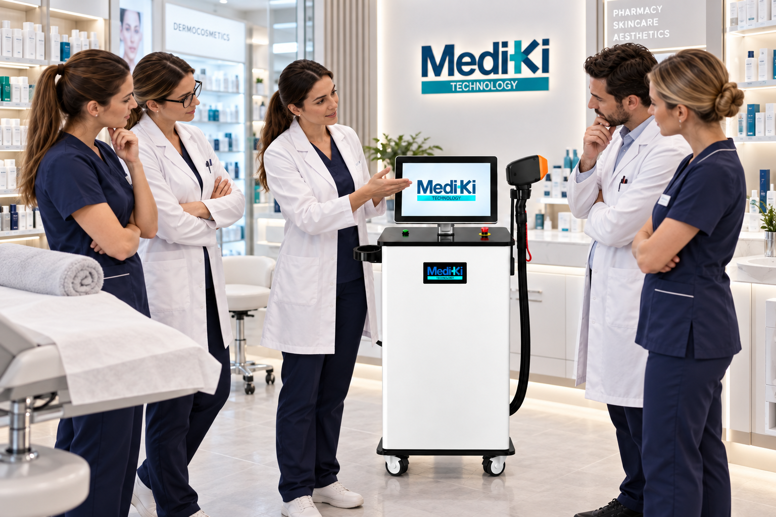 Il consulente Mediki mostra il macchinario al team di un centro durante la formazione