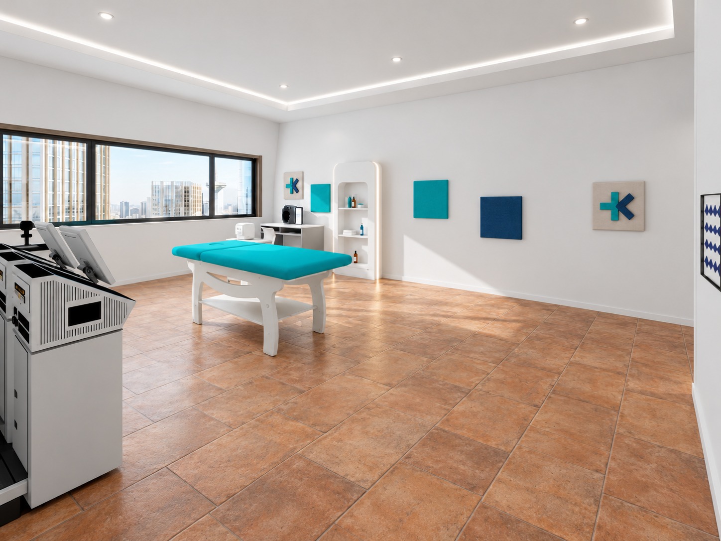 Concept Cabina Mediki realizzato con lettino turchese e postazioni professionali