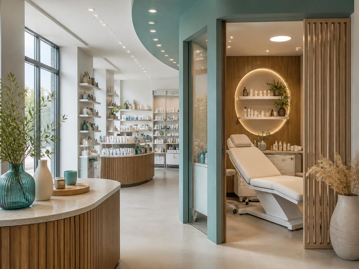 Farmacia italiana con area cabina estetica dedicata e luce naturale